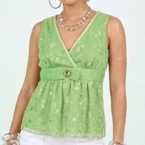 Y2k express 100% silk top M green fairycore floral embroidery beaded jewel top